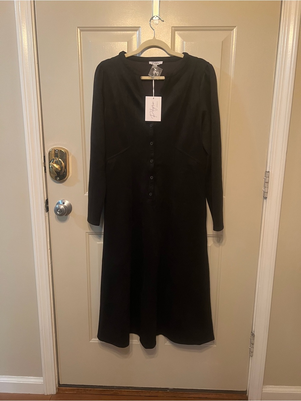 Polagram Black Long-Sleeve Button-Front Midi Dress in faux black suede Ulta soft